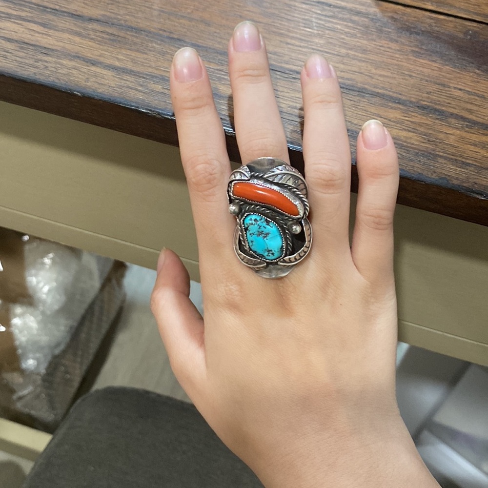 Signed Native American Navajo turquoise coral sterling silver ring size 8.5